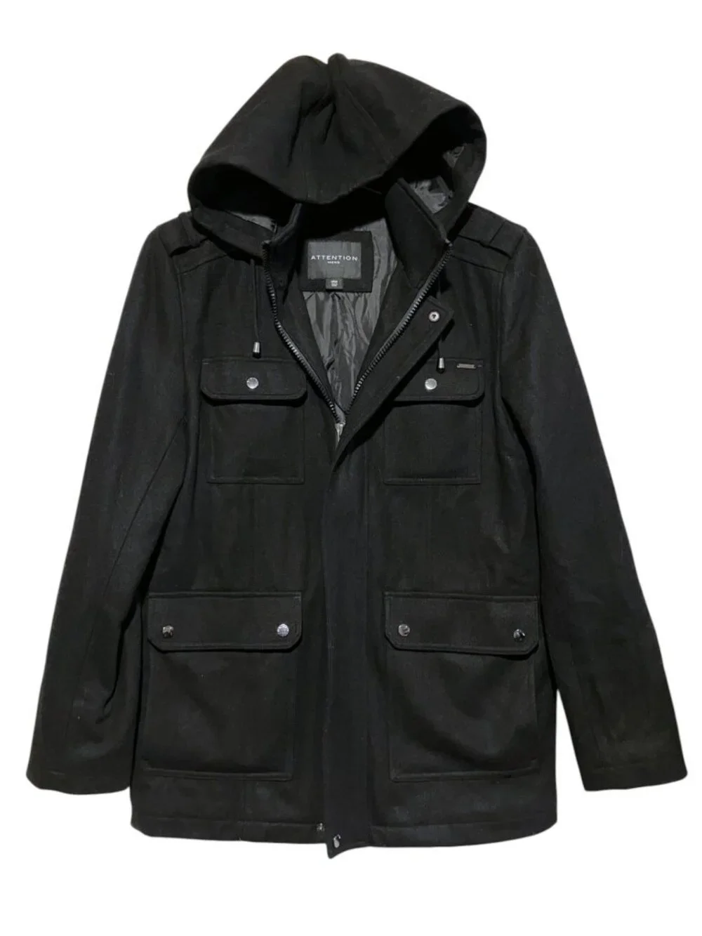 Mens Wool Blend Jacket M Removable Hood Recycled Wool Minimalist Outdoor Hiking